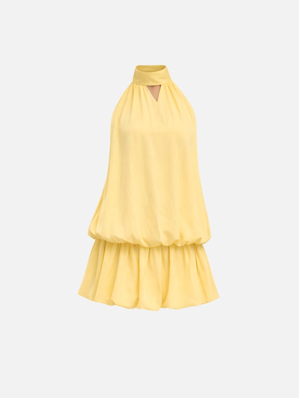 Foto de estúdio do Vestido Mini Ravello Amarelo Solar em fundo branco, evidenciando o design frente única e o caimento leve da peça forrada.